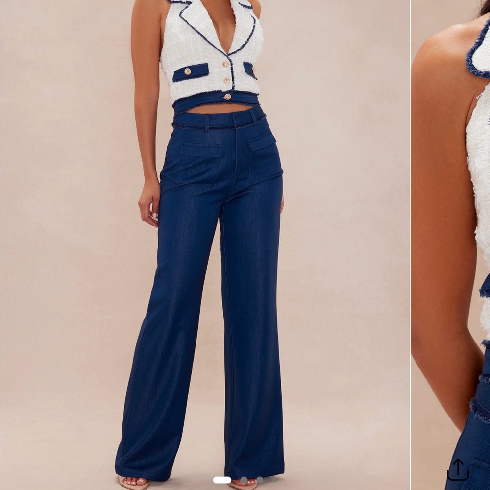 Elegant Navy Blue Women's pant set  Melinda Denim Tweed Pant Set - Denim